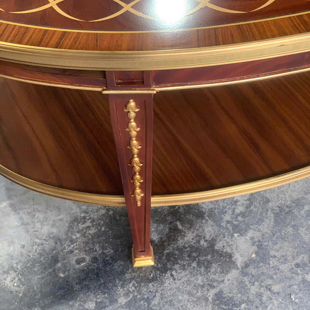BÀN TRÀ CỔ ĐIỂN LOUIS HÌNH OVAL 2 TẦNG VIỀN ỐP ĐỒNG THAU